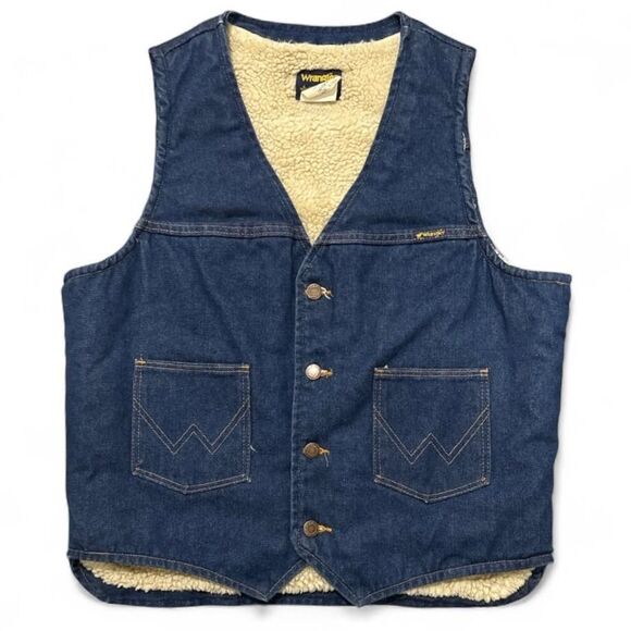 VINTAGE Wrangler Sherpa Lined Denim Vest Blue Made in USA 70s Western Size L - Picture 1 of 9